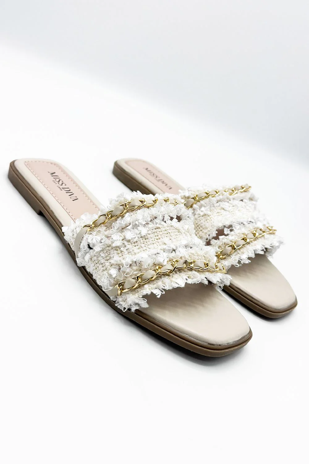 Eloise Tassel Chain Strap Sliders in Beige - Image 3