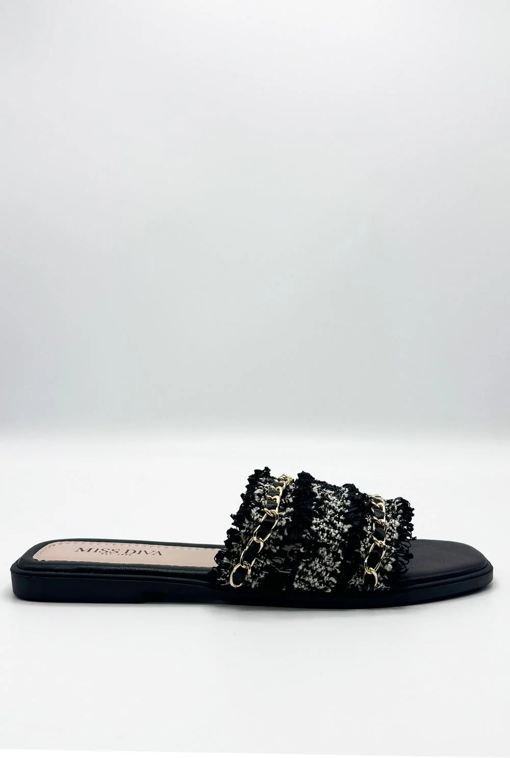 Eloise Tassel Chain Strap Sliders in Black - Image 3