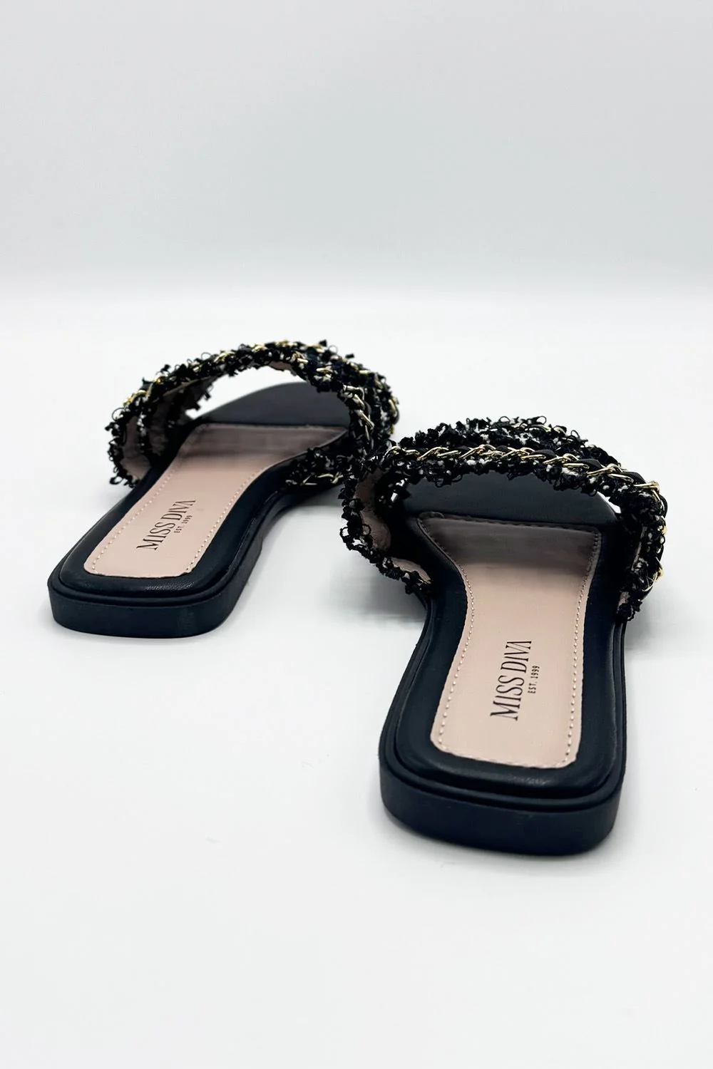 Eloise Tassel Chain Strap Sliders in Black - Image 5