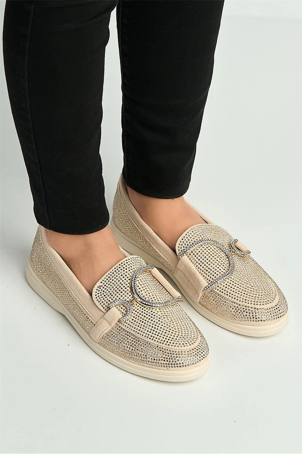 Elowyn Diamante Encrusted D Link Flat Loafers in Beige