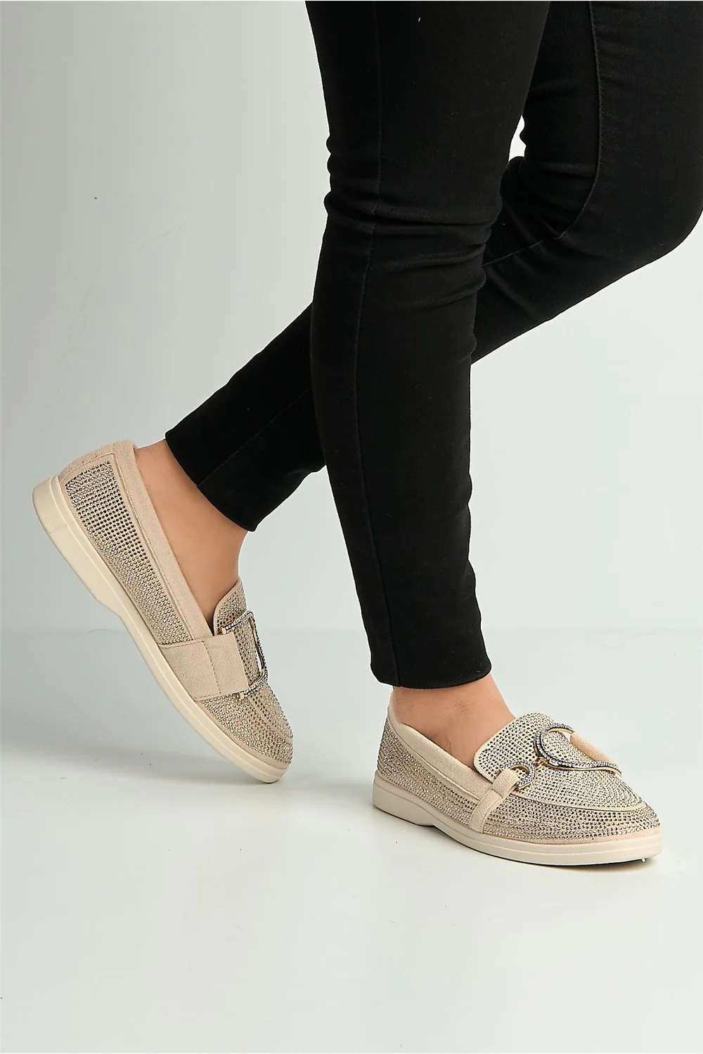 Elowyn Diamante Encrusted D Link Flat Loafers in Beige - Image 2