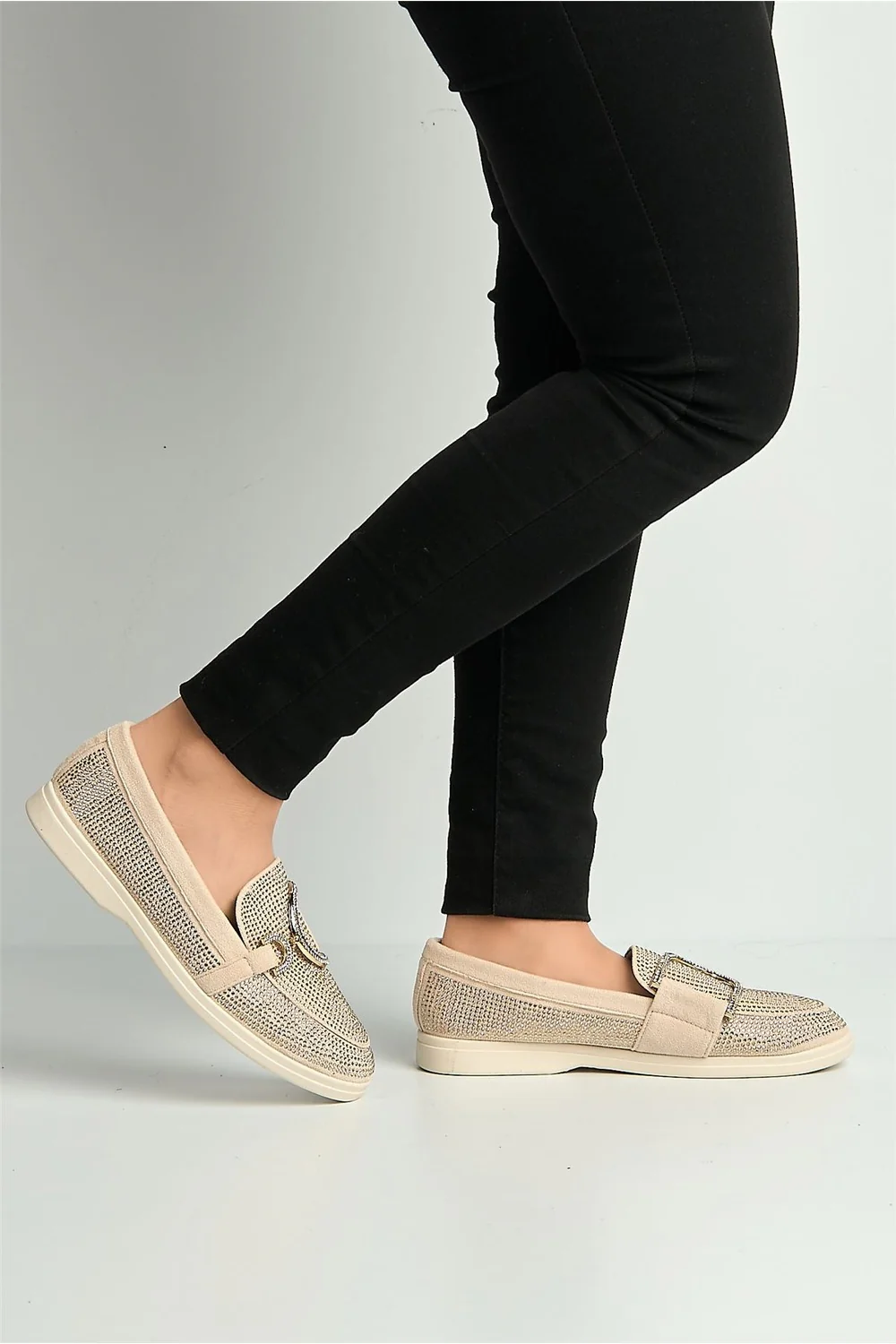 Elowyn Diamante Encrusted D Link Flat Loafers in Beige - Image 3