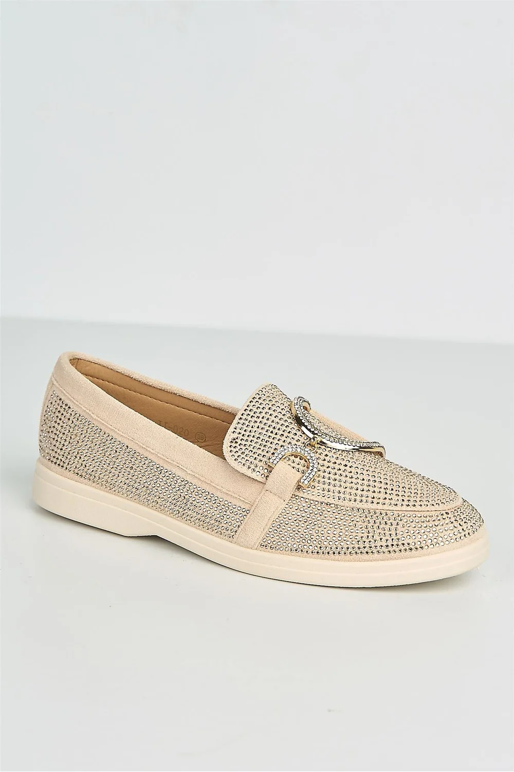 Elowyn Diamante Encrusted D Link Flat Loafers in Beige - Image 4