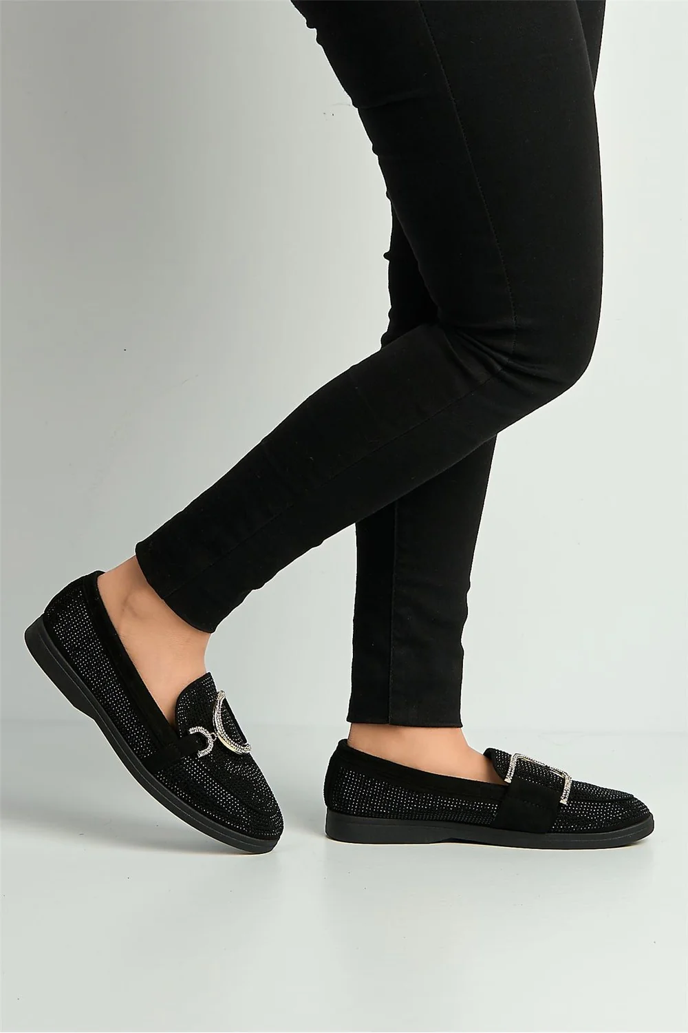 Elowyn Diamante Encrusted D Link Flat Loafers in Black - Image 3