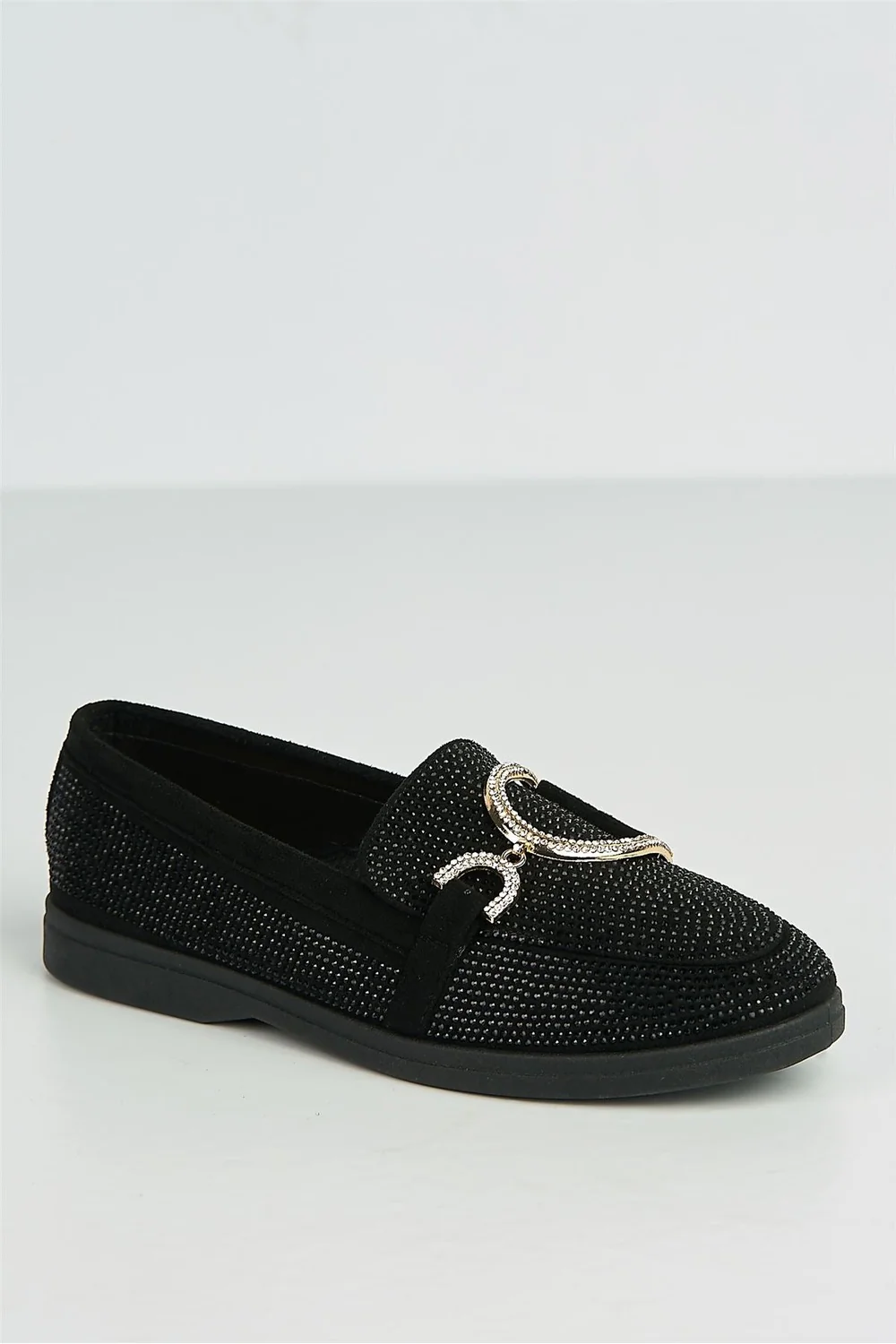 Elowyn Diamante Encrusted D Link Flat Loafers in Black - Image 4