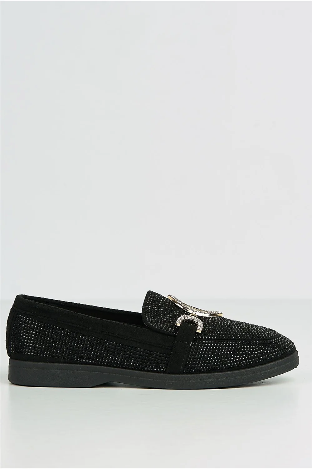 Elowyn Diamante Encrusted D Link Flat Loafers in Black - Image 5