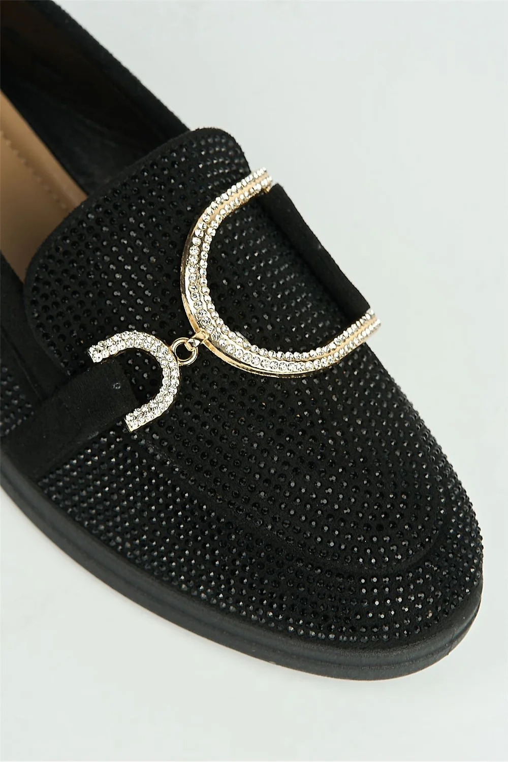 Elowyn Diamante Encrusted D Link Flat Loafers in Black - Image 6