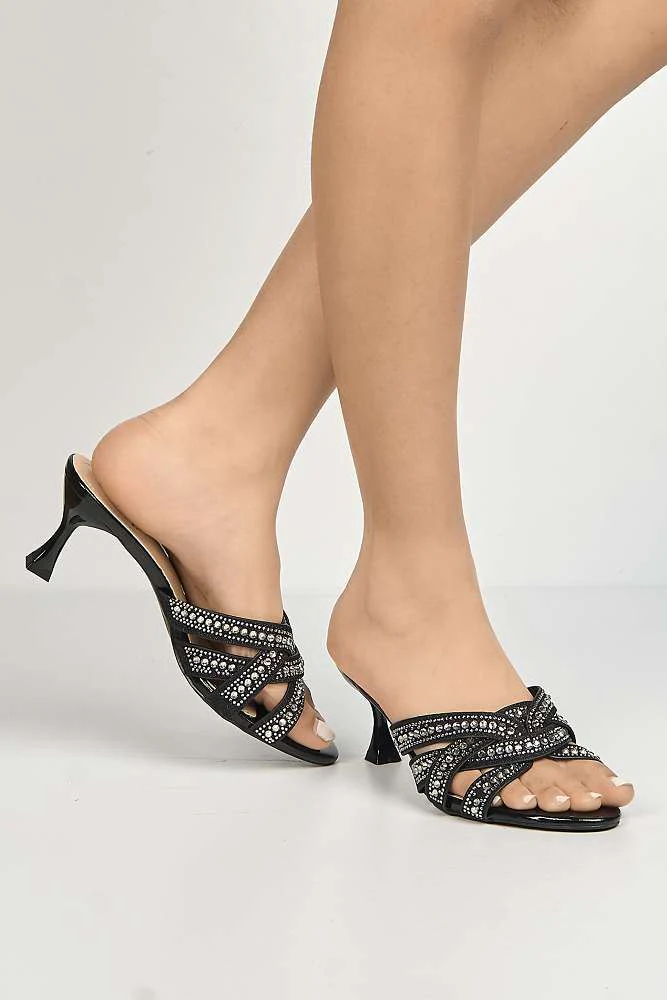Elsie Gemstone Embellished Crossover Strap Kitten Heel Mules in Black - Image 2