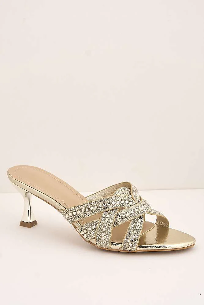 Elsie Gemstone Embellished Crossover Strap Kitten Heel Mules in Gold - Image 4
