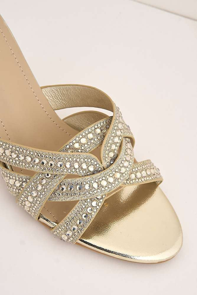 Elsie Gemstone Embellished Crossover Strap Kitten Heel Mules in Gold - Image 5