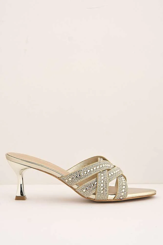 Elsie Gemstone Embellished Crossover Strap Kitten Heel Mules in Gold - Image 6