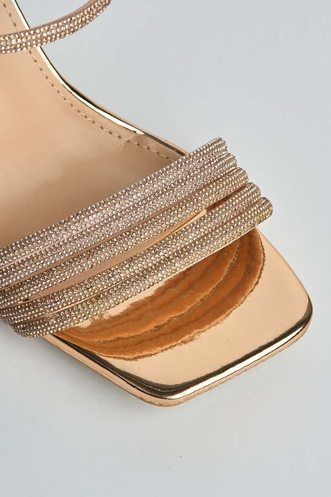 Elysia Diamante Encrusted Bands & Spool Heeled Sandals in Rose Gold - Image 5
