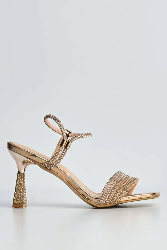 Elysia Diamante Encrusted Bands & Spool Heeled Sandals in Rose Gold - Image 6