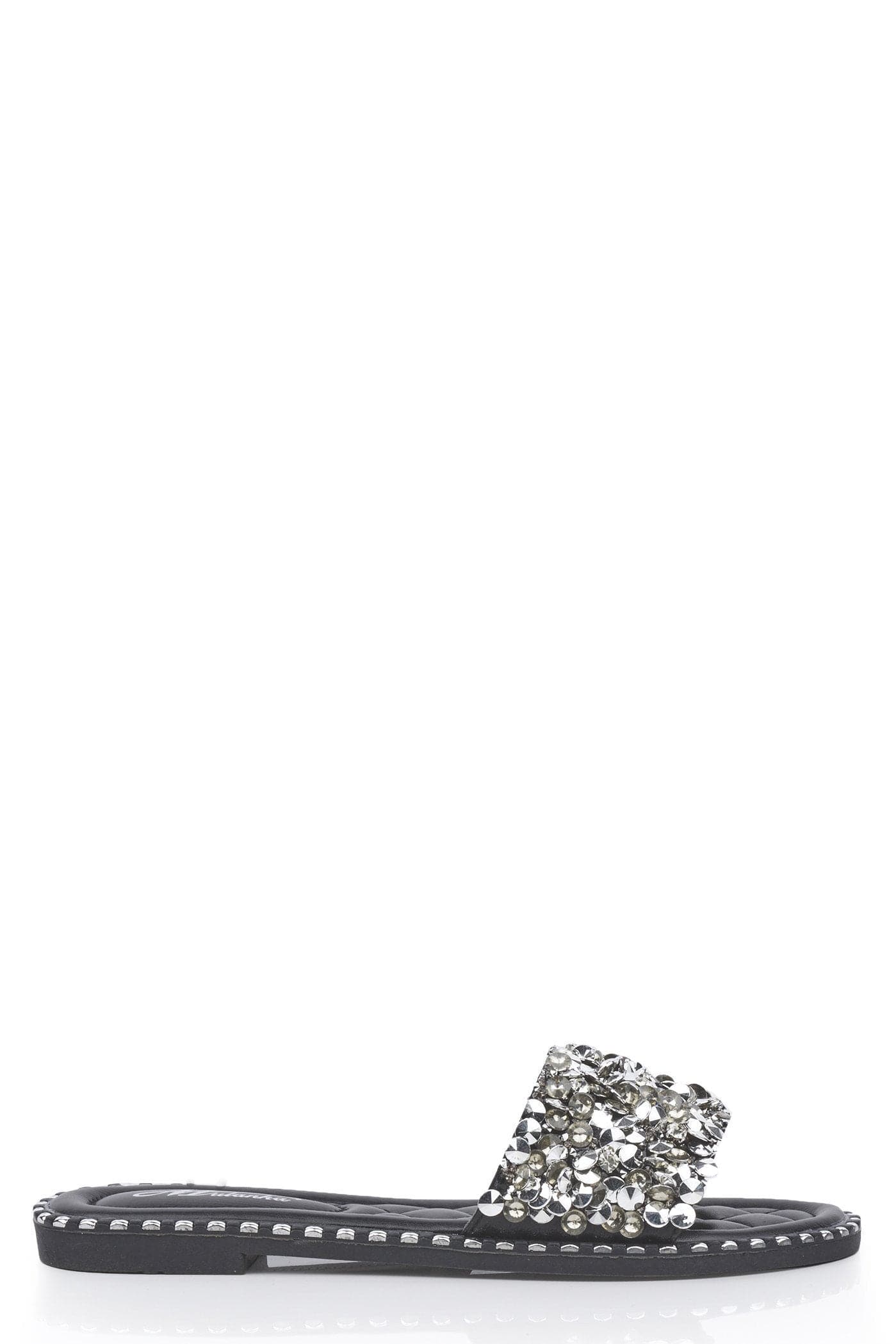 Cuba Gem Stone Cushioned Insole Open Toe Flat Slider In Black - Image 4