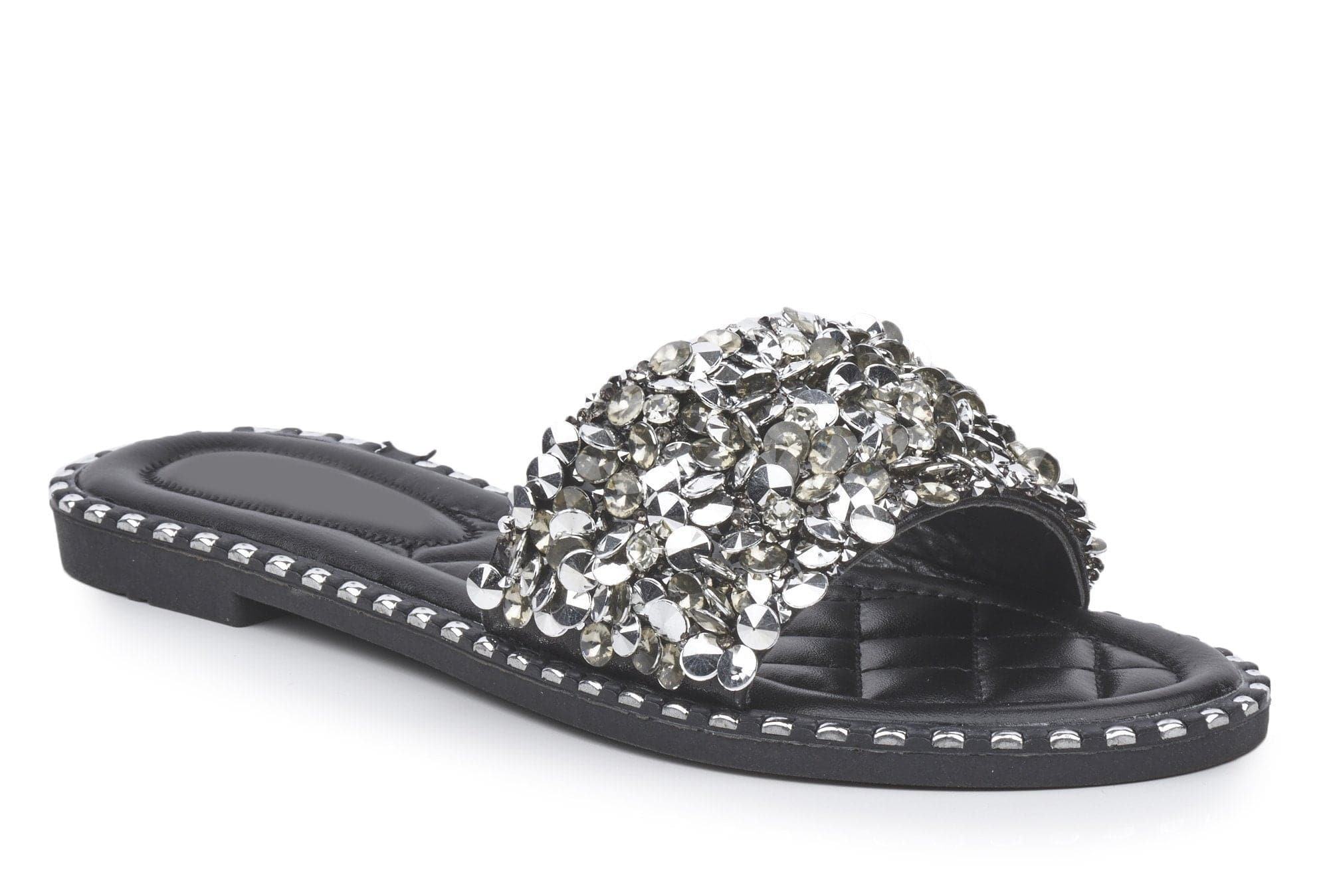 Cuba Gem Stone Cushioned Insole Open Toe Flat Slider In Black - Image 5