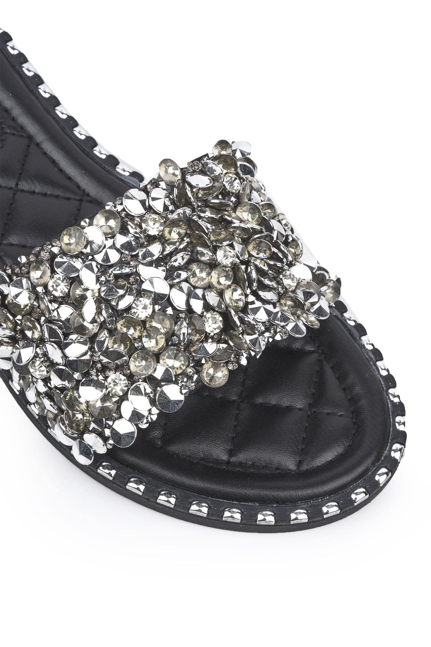 Cuba Gem Stone Cushioned Insole Open Toe Flat Slider In Black - Image 6