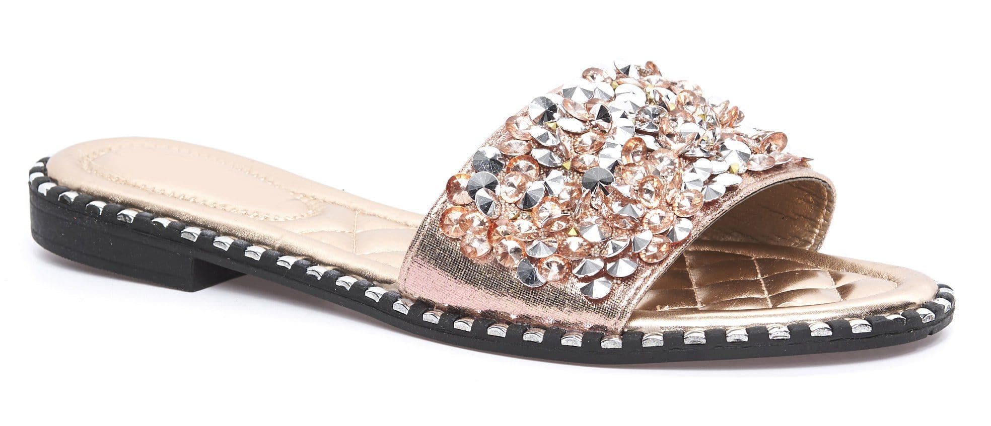 Cuba Gem Stone Cushioned Insole Open Toe Flat Slider In Champagne - Image 5