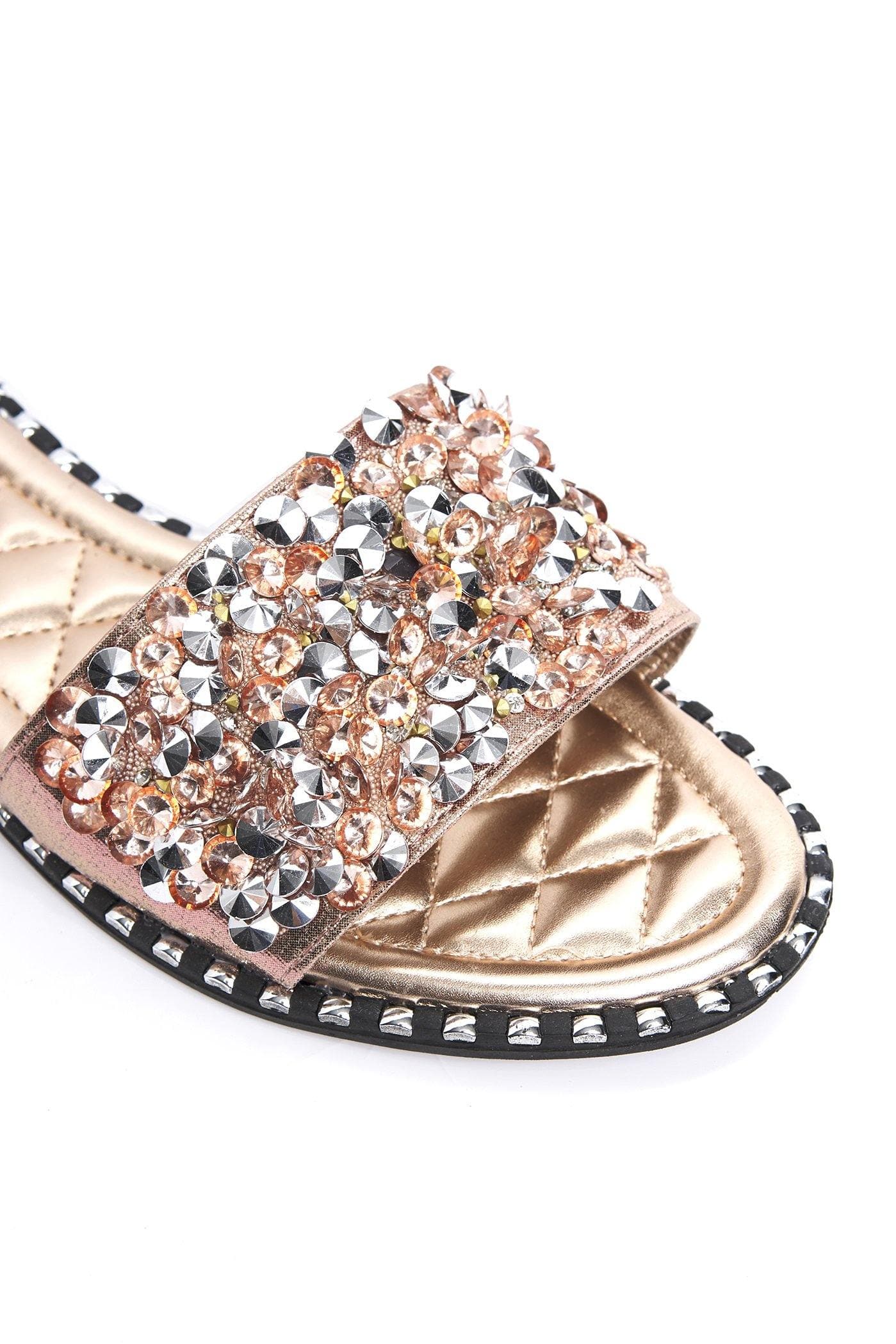 Cuba Gem Stone Cushioned Insole Open Toe Flat Slider In Champagne - Image 6