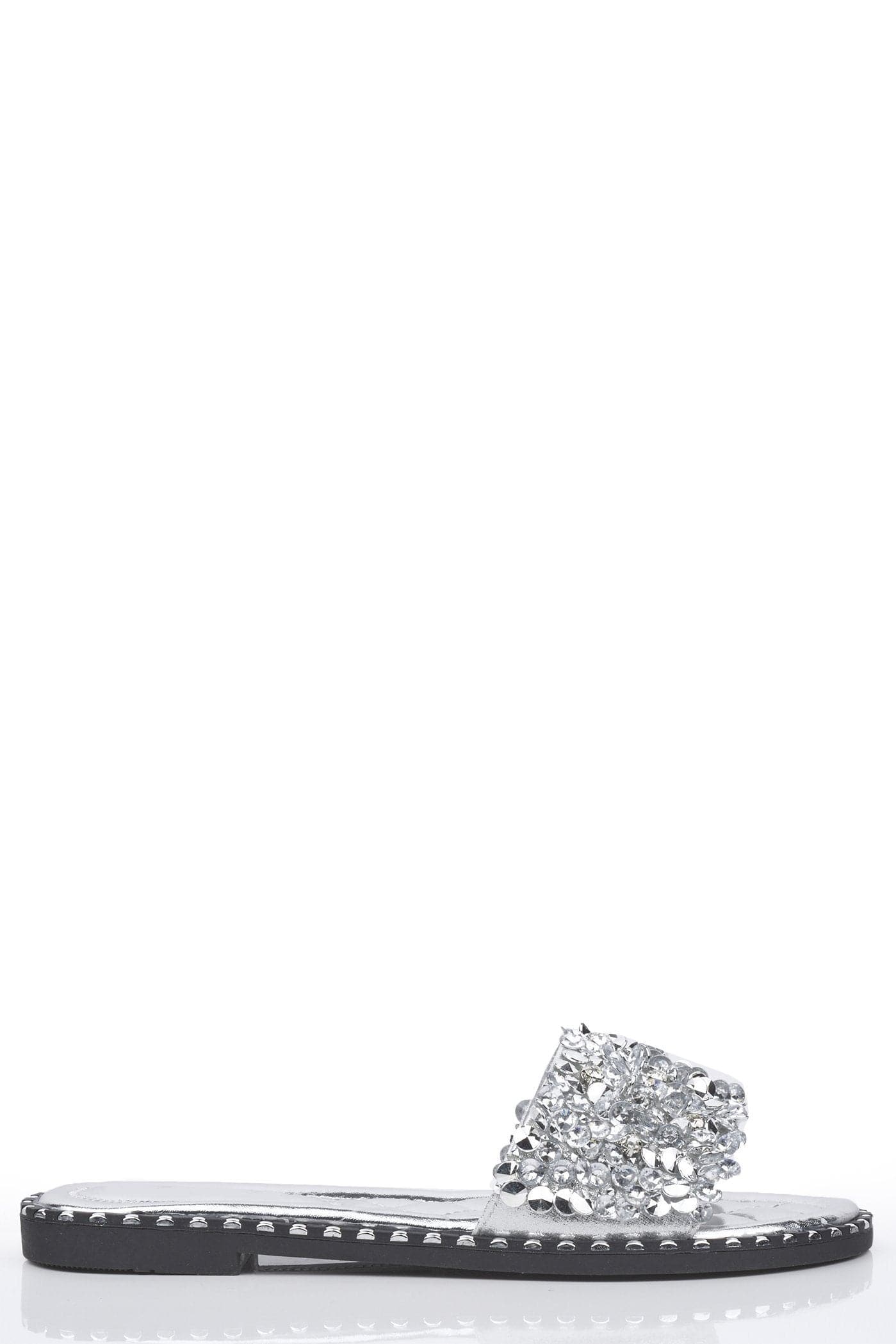 Cuba Gem Stone Cushioned Insole Open Toe Flat Slider In Silver - Image 4