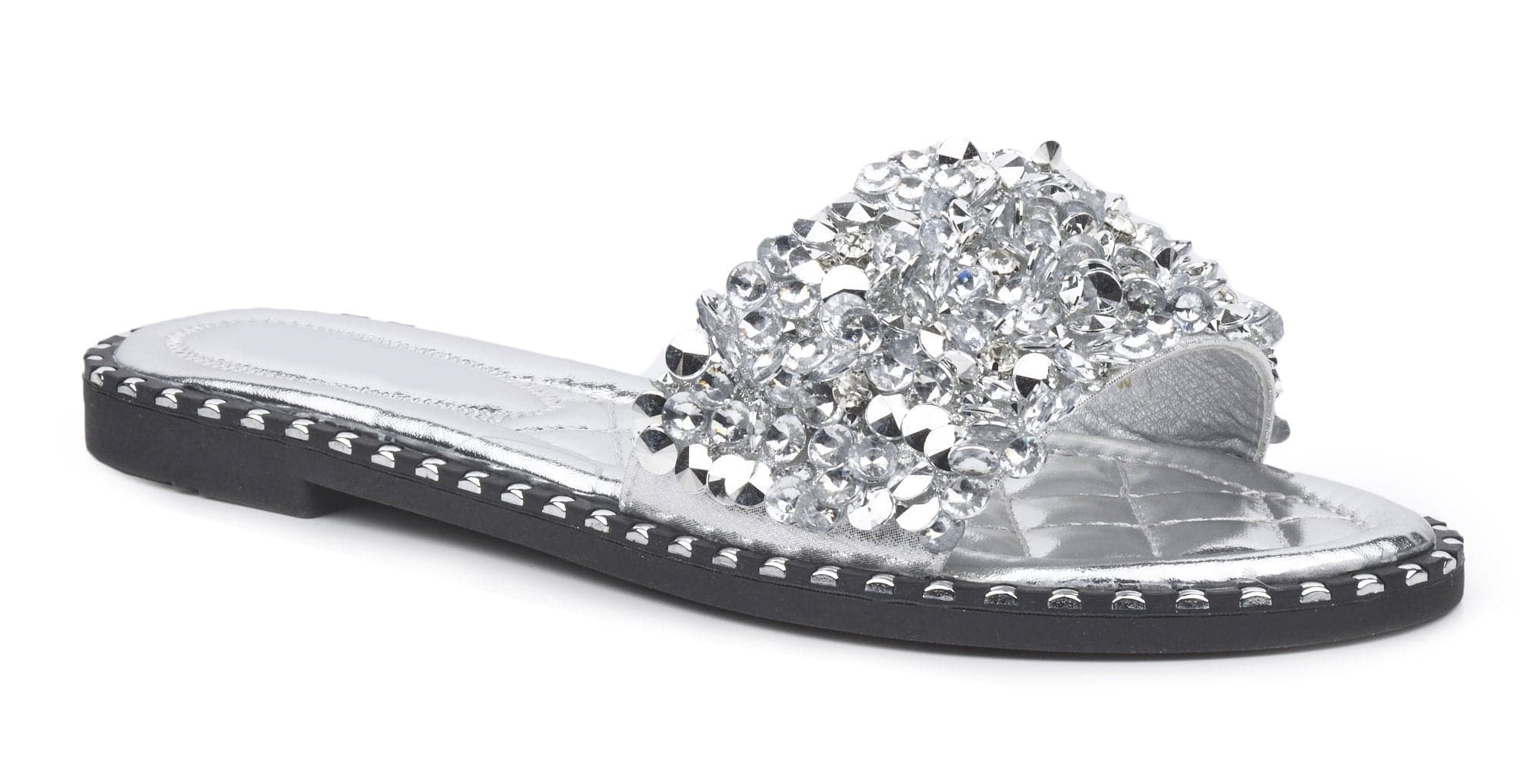 Cuba Gem Stone Cushioned Insole Open Toe Flat Slider In Silver - Image 5
