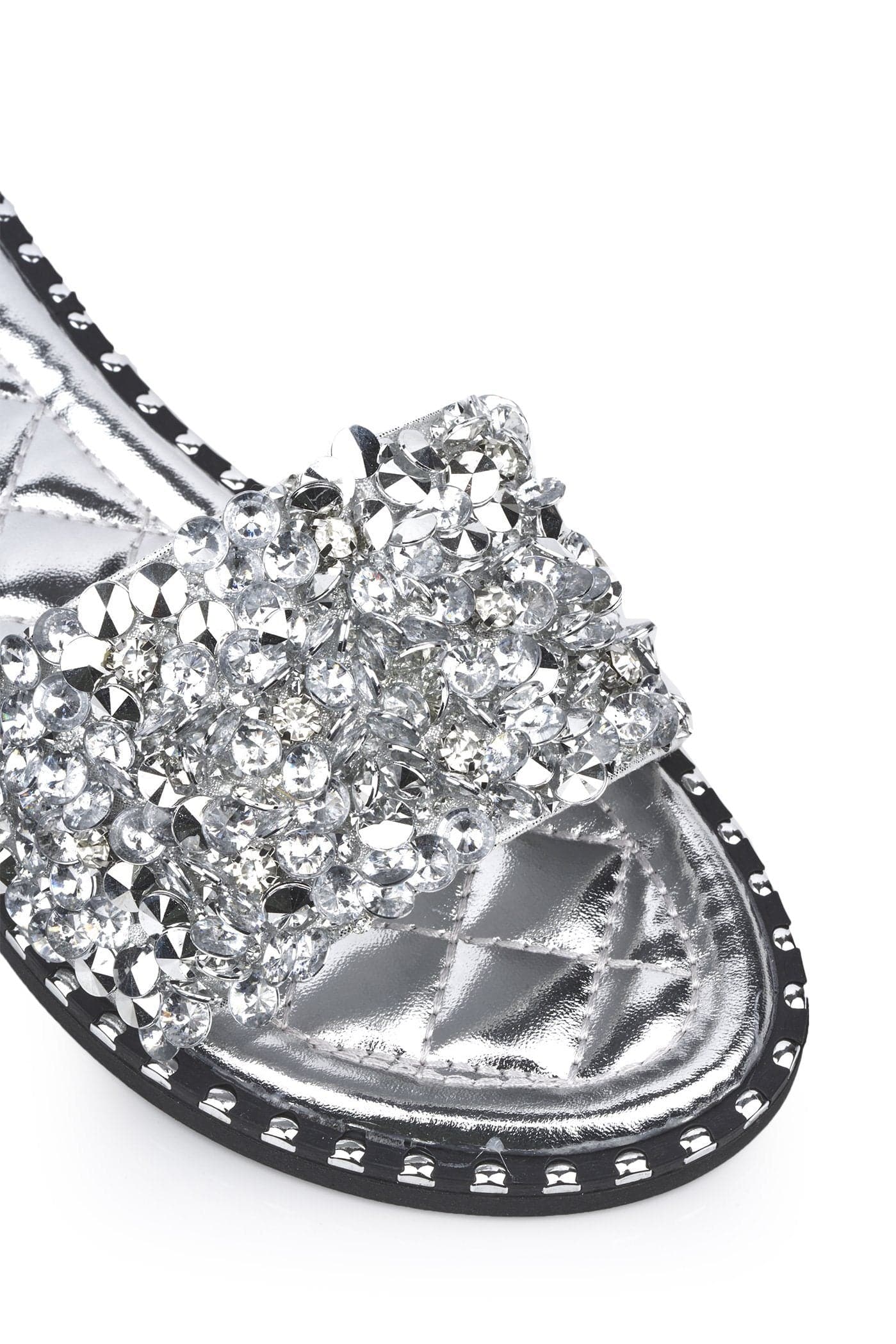 Cuba Gem Stone Cushioned Insole Open Toe Flat Slider In Silver - Image 6