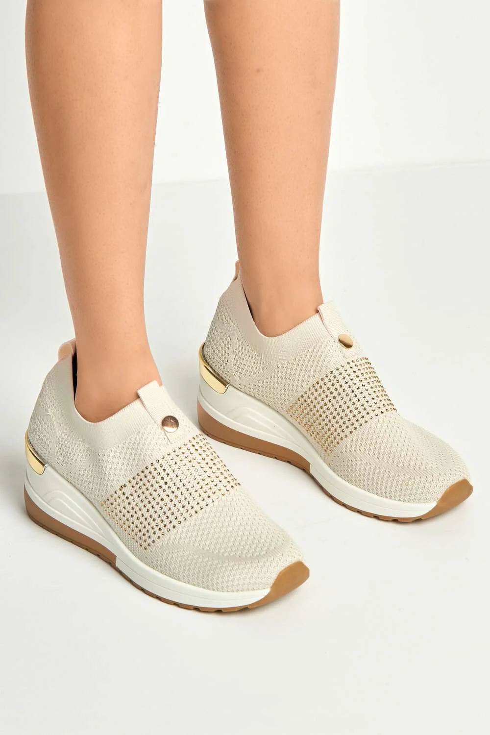 Ember Diamante Embellished Slip On Trainers in Beige - Image 3
