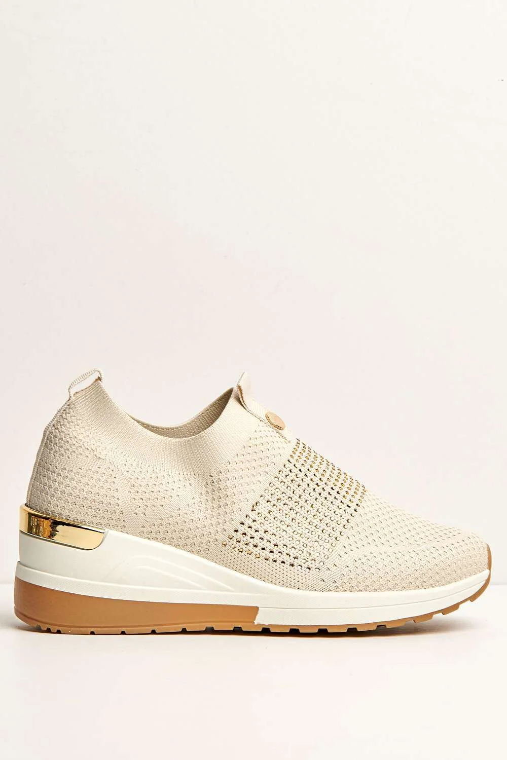 Ember Diamante Embellished Slip On Trainers in Beige - Image 4