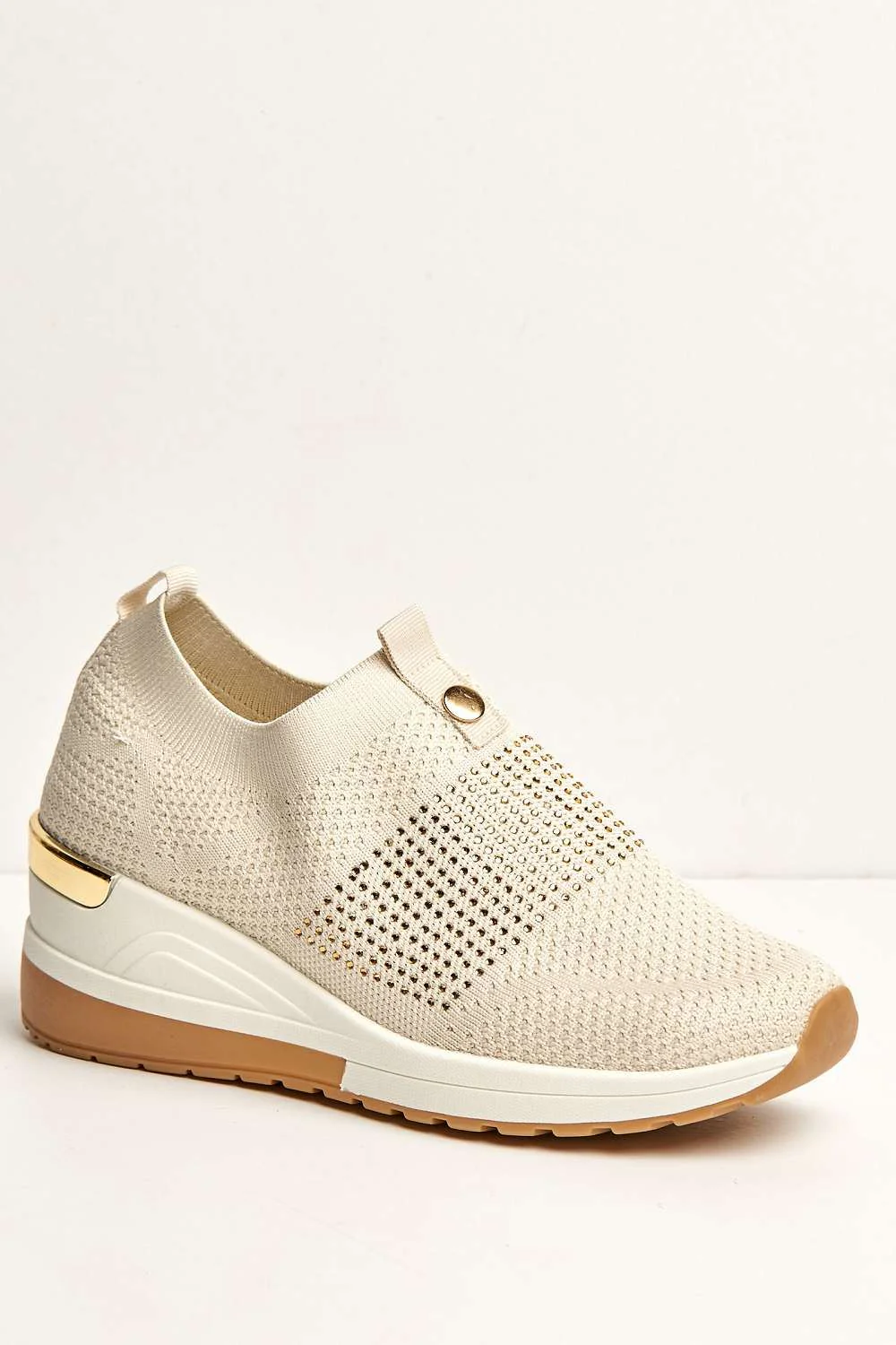 Ember Diamante Embellished Slip On Trainers in Beige - Image 5