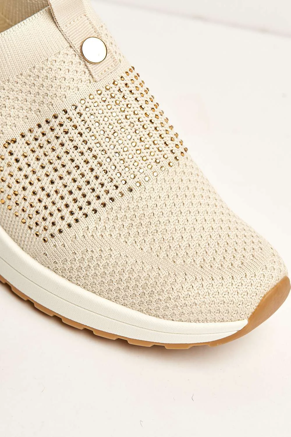 Ember Diamante Embellished Slip On Trainers in Beige - Image 6