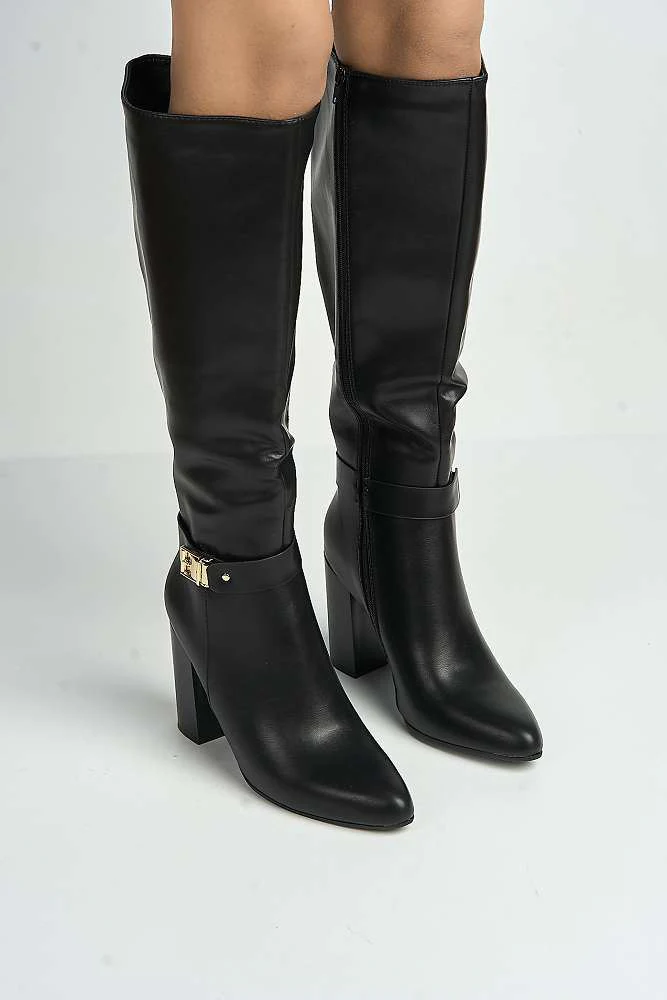 Emilia Gold Buckle Block Heel Knee High Boots in Black