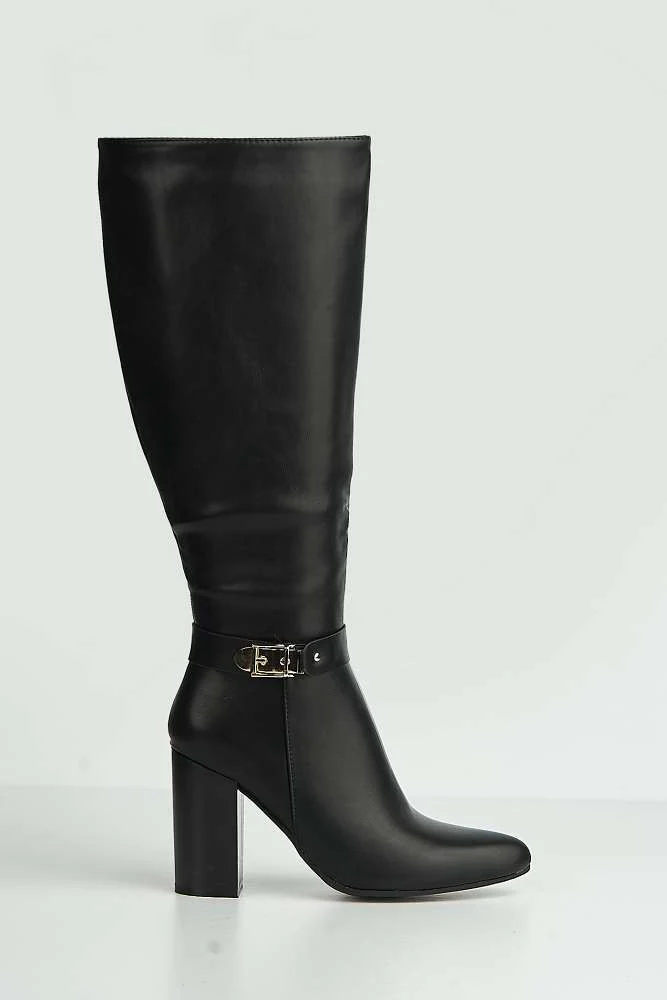 Emilia Gold Buckle Block Heel Knee High Boots in Black - Image 6