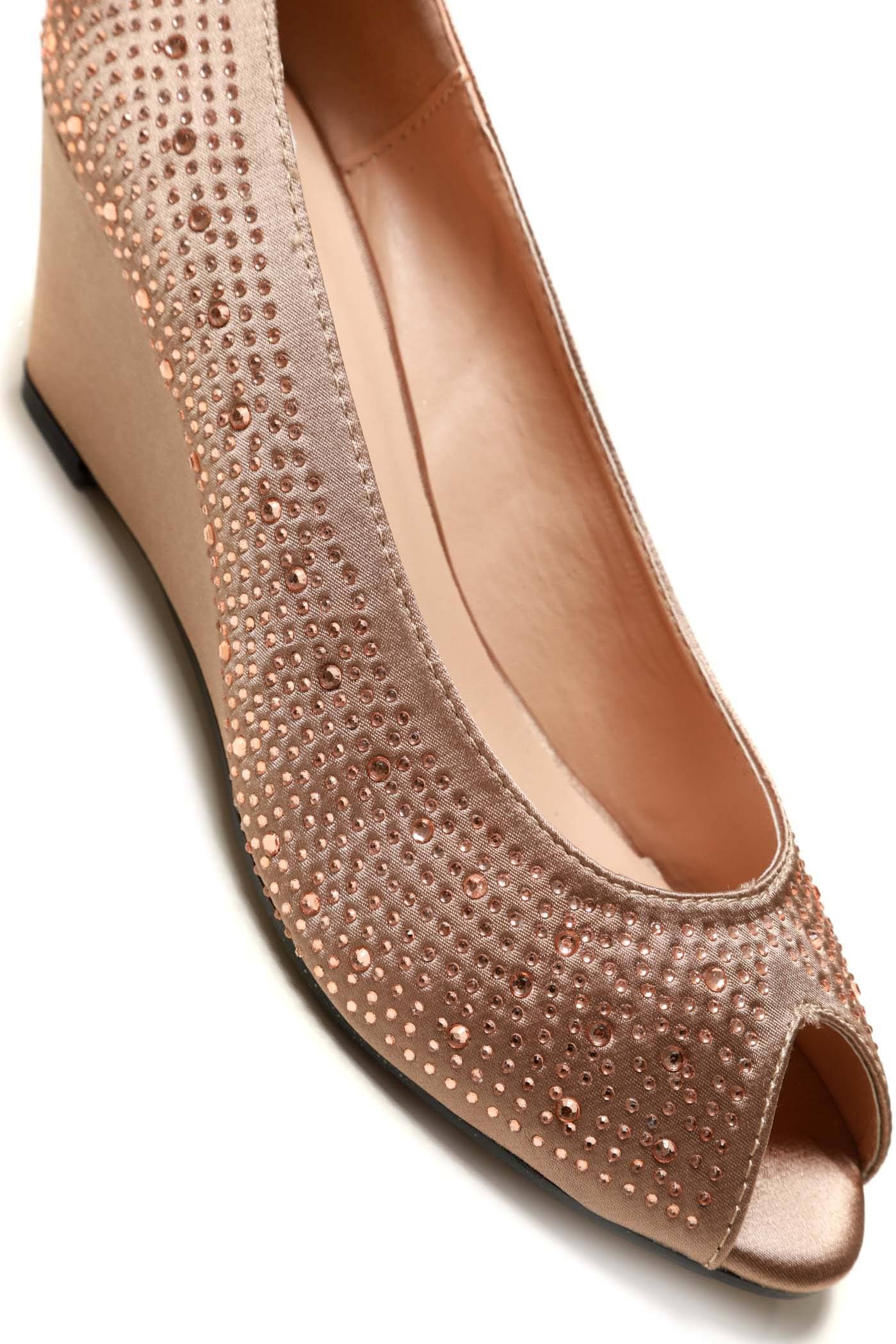 Emily Peep Toe Diamante Wedge in Mocha Satin - Image 6