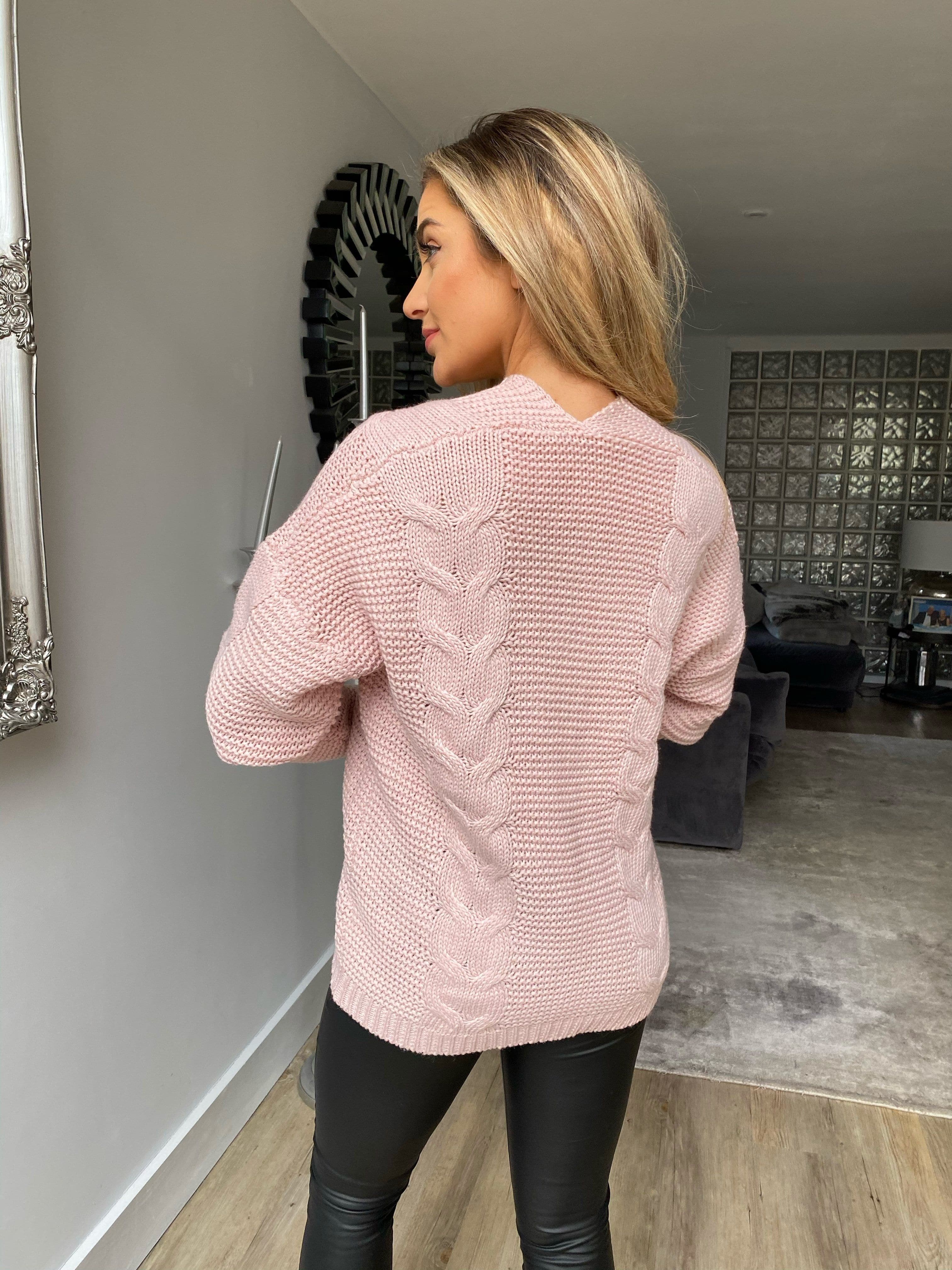 Claire Chunky Cable Knit Boyfriend Cardigan in Light Pink - Image 3