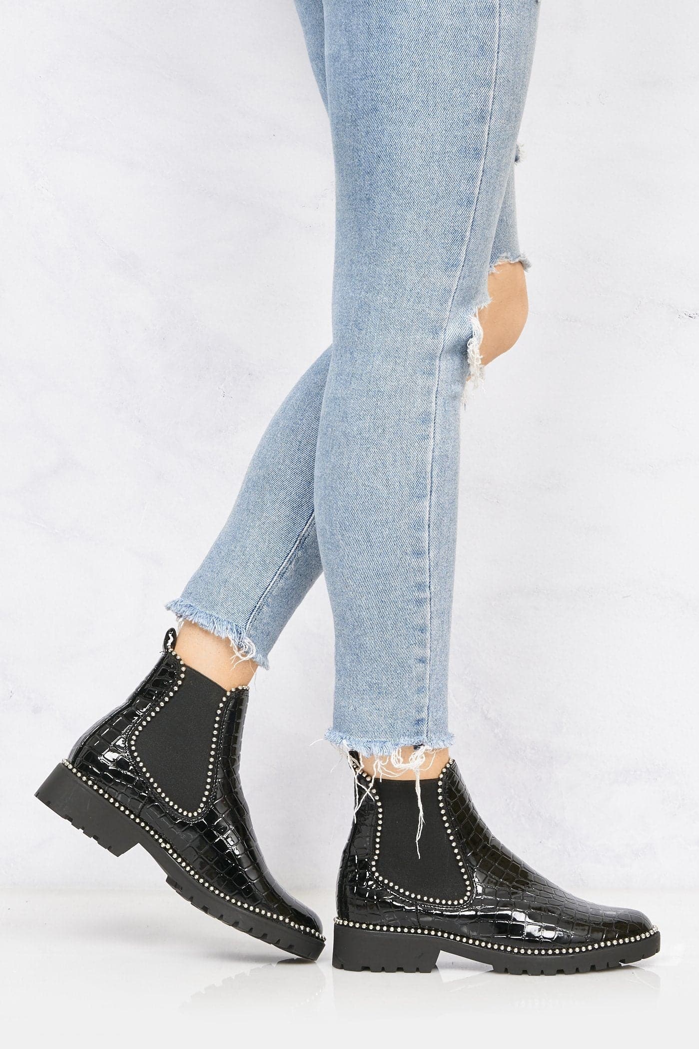 Emma Silver Stud Detailing Sole Ankle Boot In Black Croc