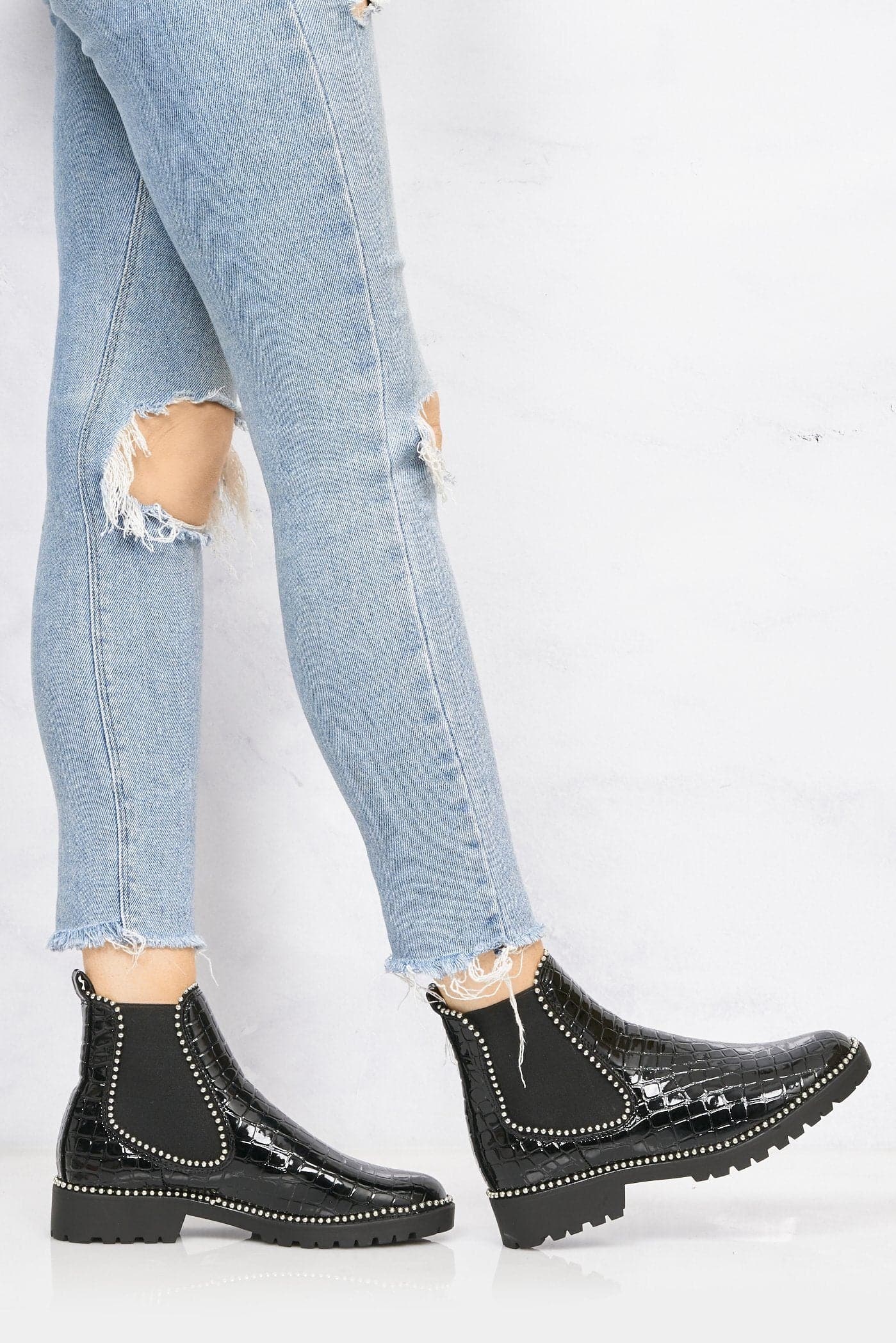 Emma Silver Stud Detailing Sole Ankle Boot In Black Croc - Image 3