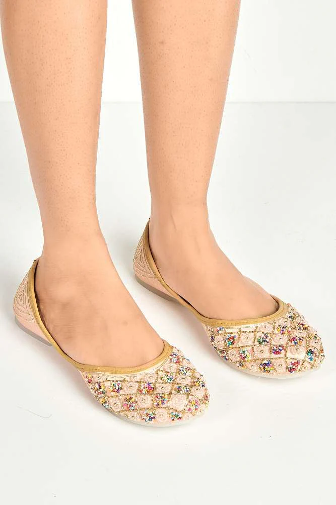 Emmy Multicolour Bead Slip On Pumps in Pink