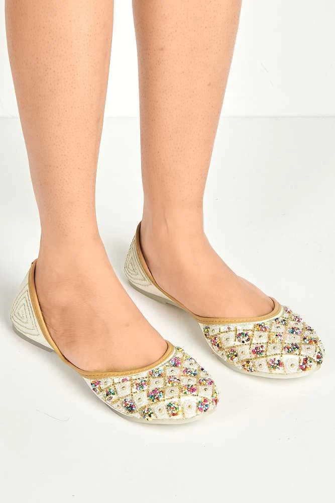 Emmy Multicolour Bead Slip On Pumps in White
