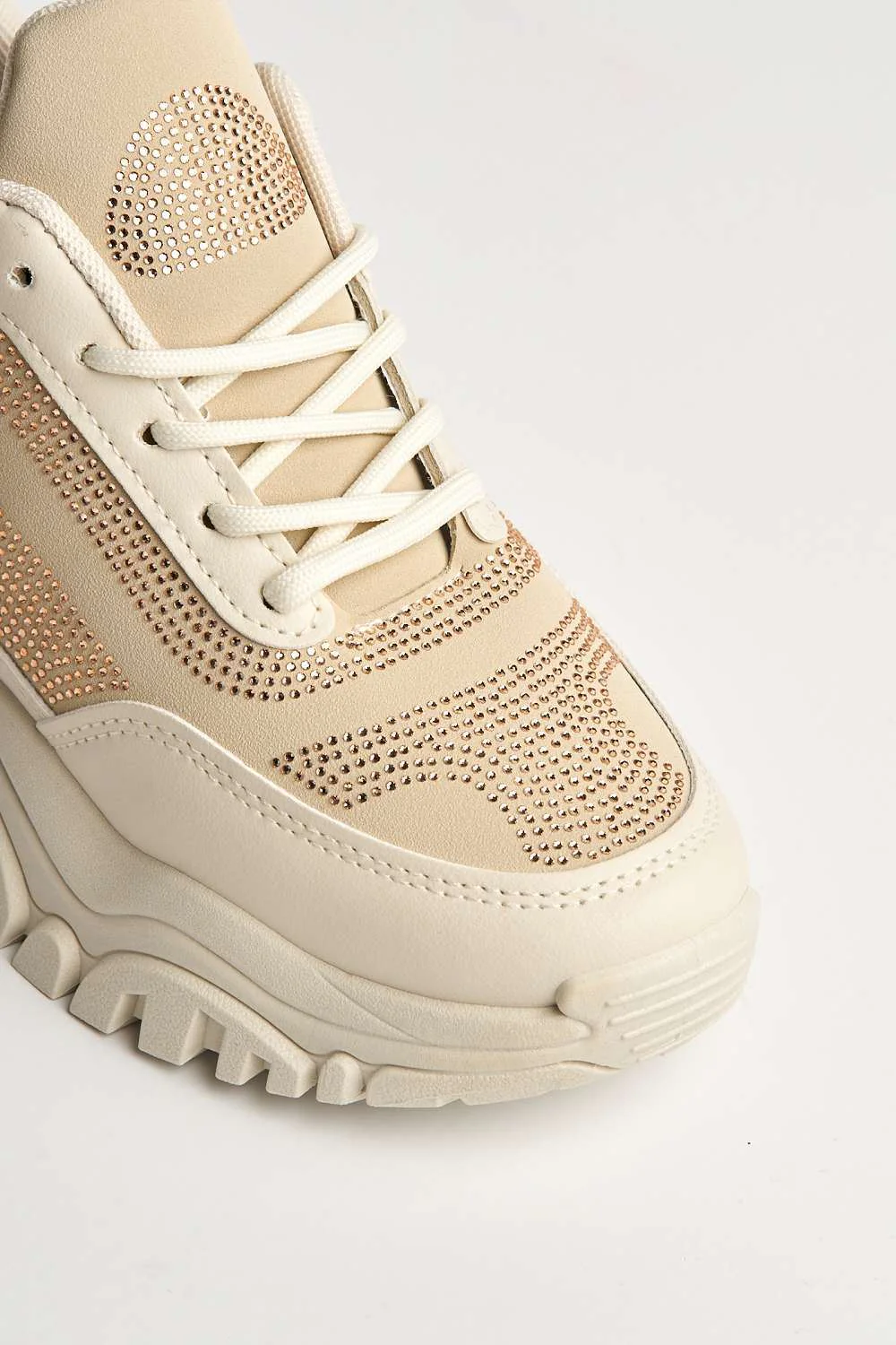 Eva Diamante Embellished Chunky Sole Lace-Up Trainers in Beige - Image 6