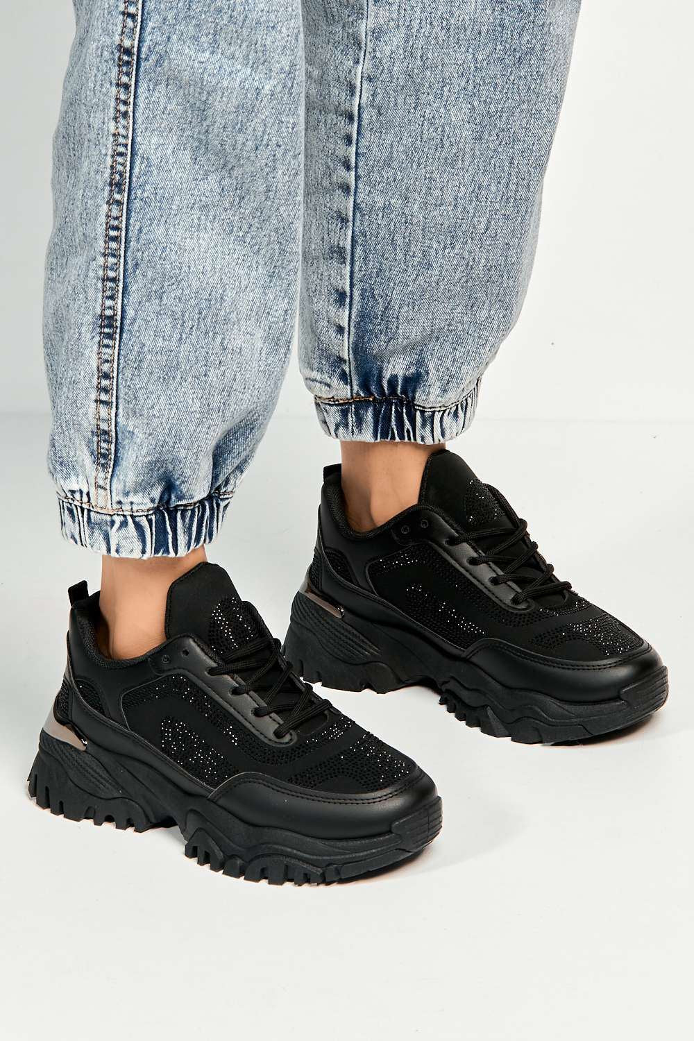 Eva Diamante Embellished Chunky Sole Lace-Up Trainers in Black - Image 3