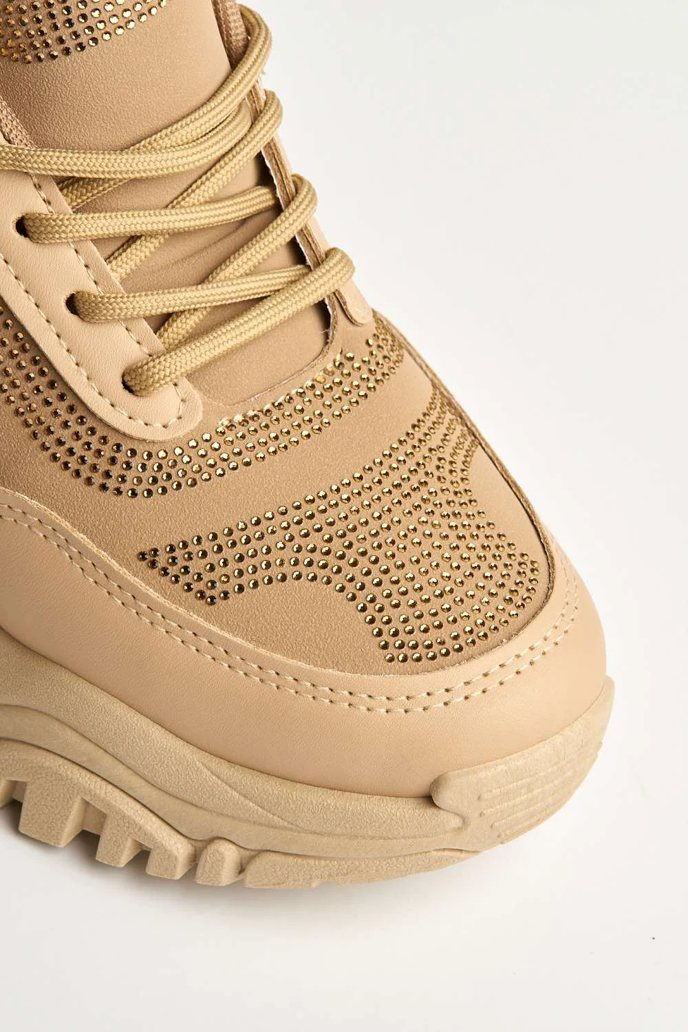 Eva Diamante Embellished Chunky Sole Lace-Up Trainers in Khaki - Image 6