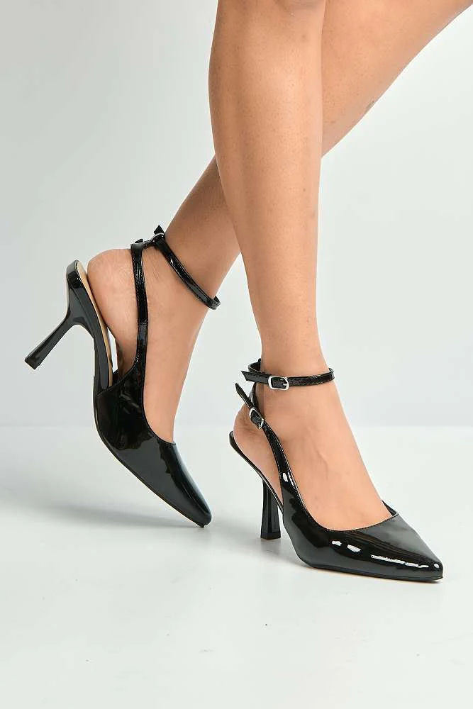 Evelina Pointy Anklestrap Court Shoes in Black