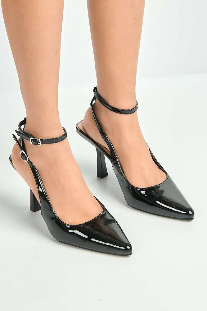 Evelina Pointy Anklestrap Court Shoes in Black - Image 2