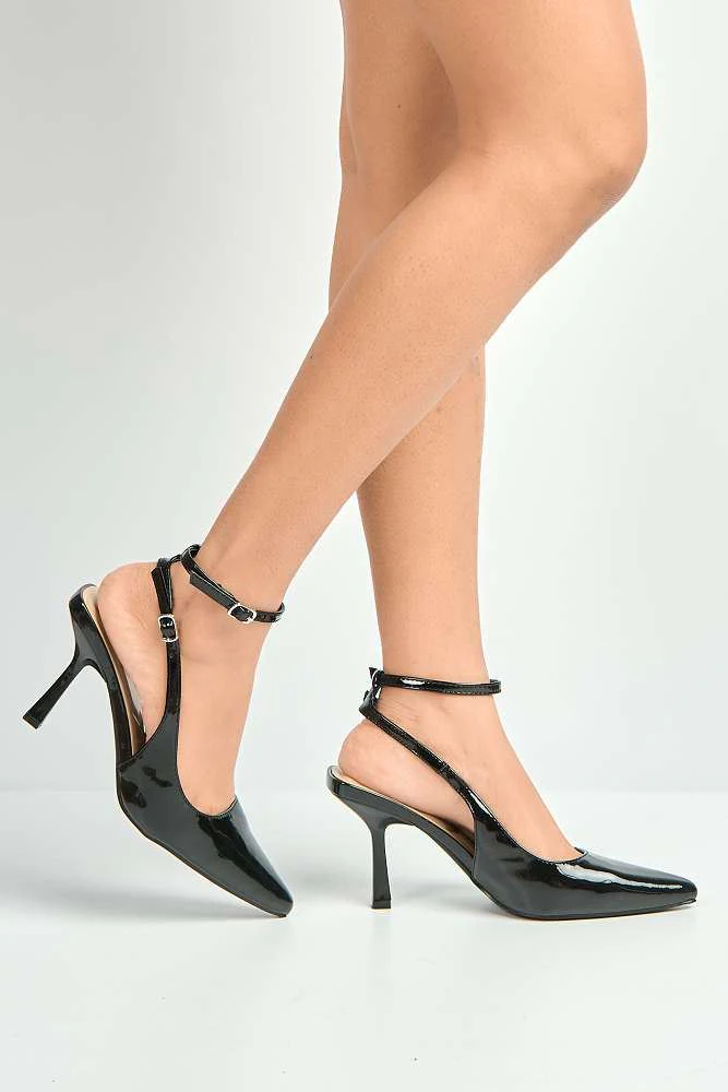 Evelina Pointy Anklestrap Court Shoes in Black - Image 3