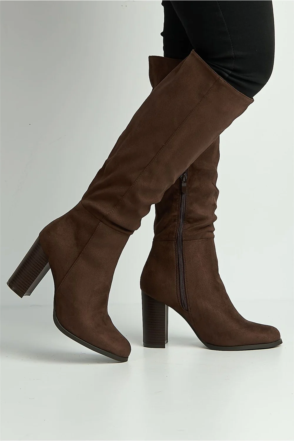 Everly Round Toe Knee High Block Heel Boots in Chocolate