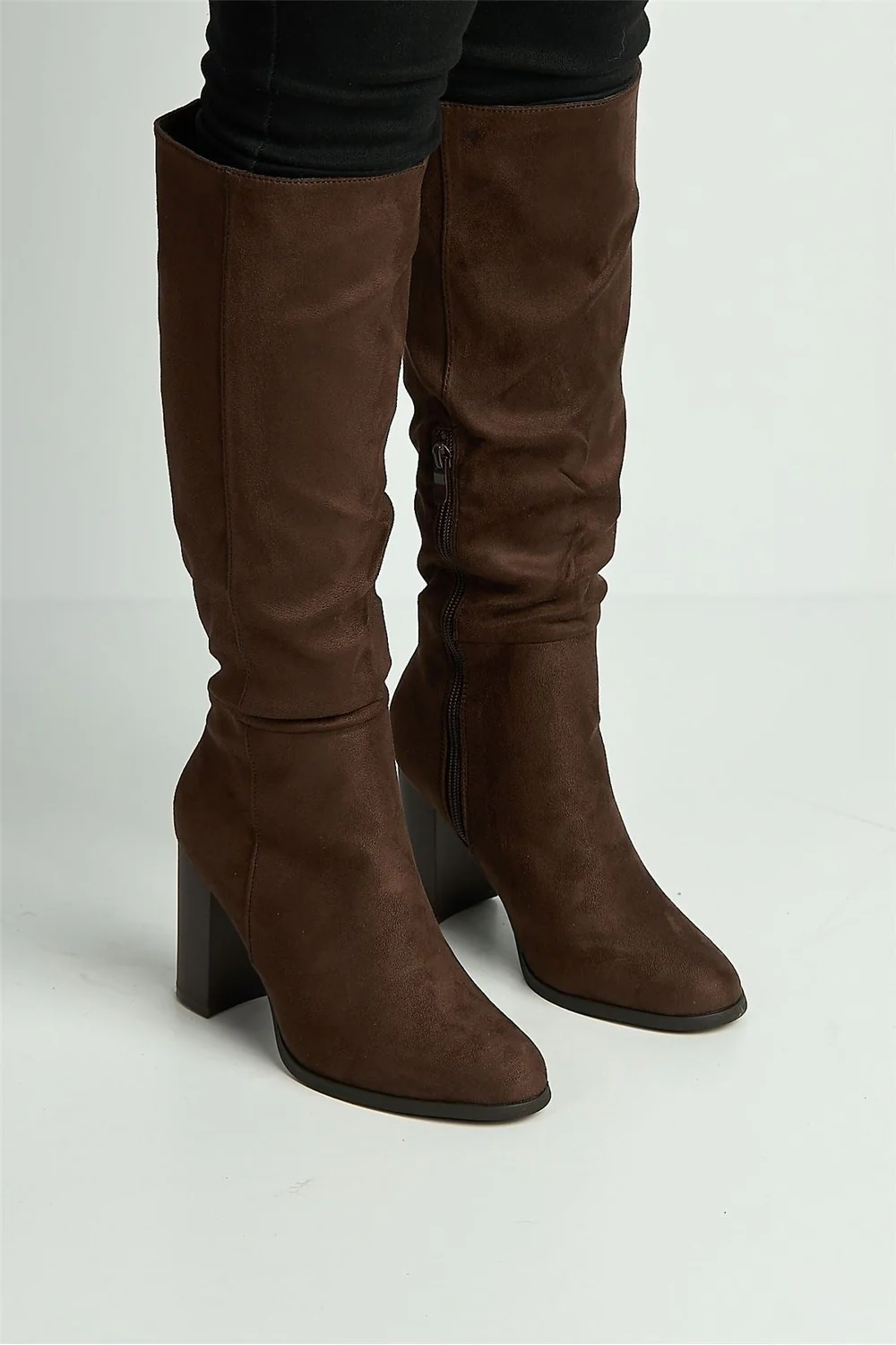 Everly Round Toe Knee High Block Heel Boots in Chocolate - Image 2
