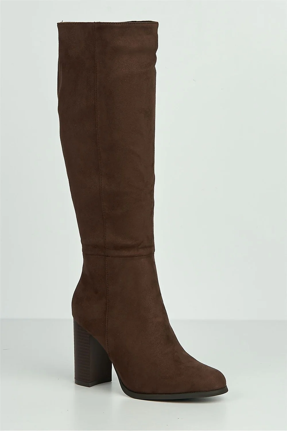 Everly Round Toe Knee High Block Heel Boots in Chocolate - Image 4