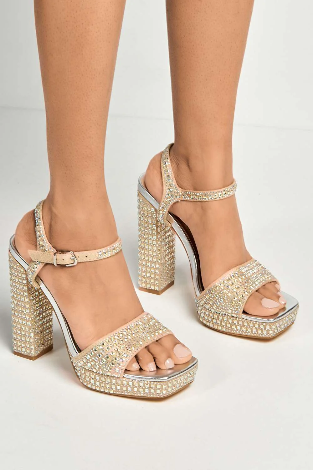 Ezzy Diamante Embellished Square-Toe Block Heel Sandals in Nude