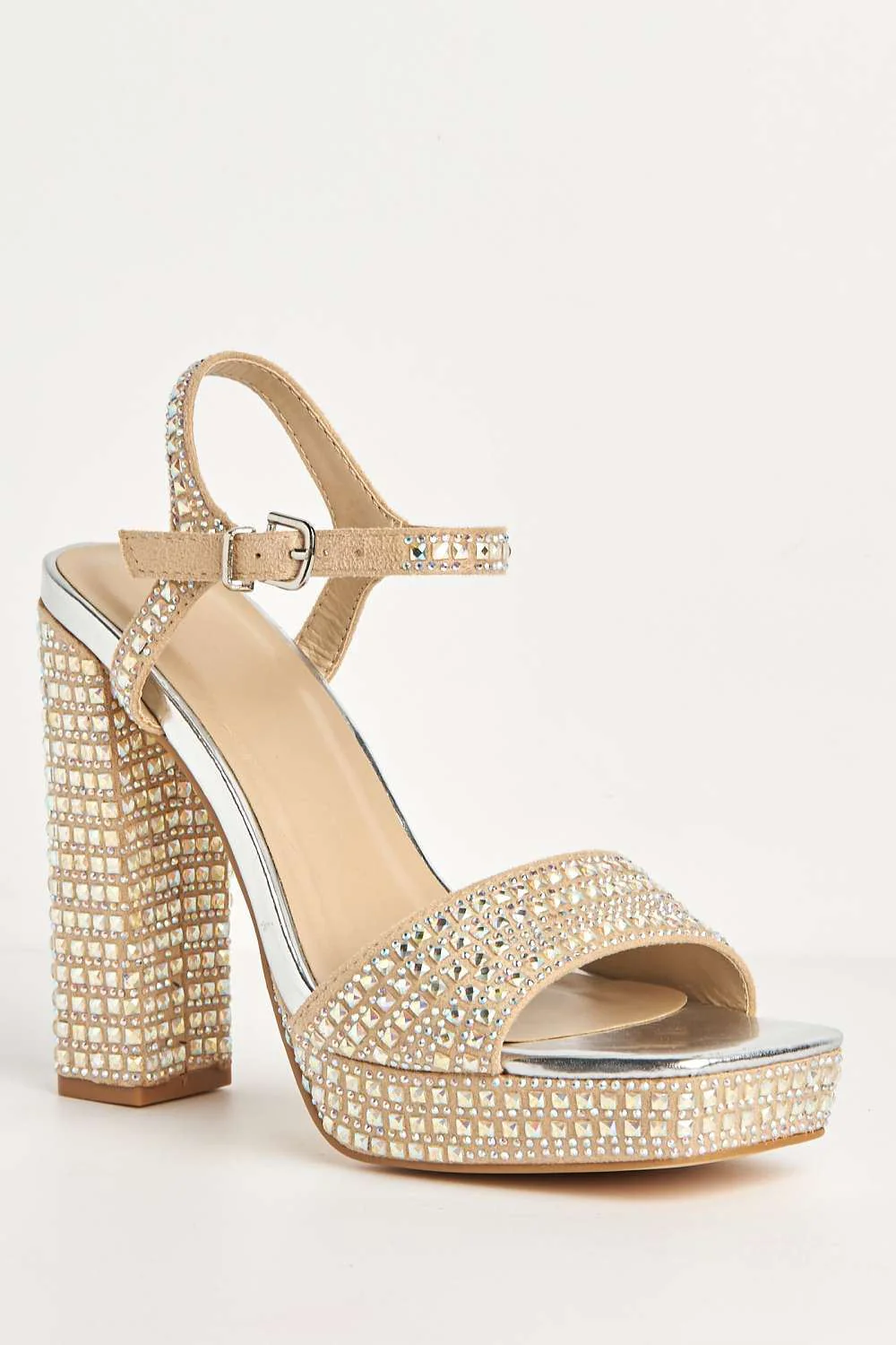 Ezzy Diamante Embellished Square-Toe Block Heel Sandals in Nude - Image 4