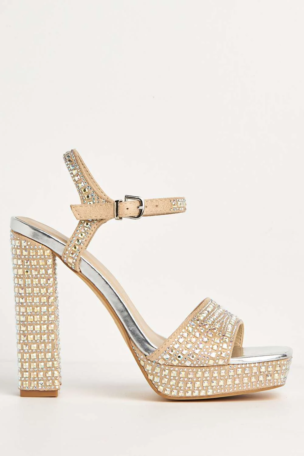 Ezzy Diamante Embellished Square-Toe Block Heel Sandals in Nude - Image 5