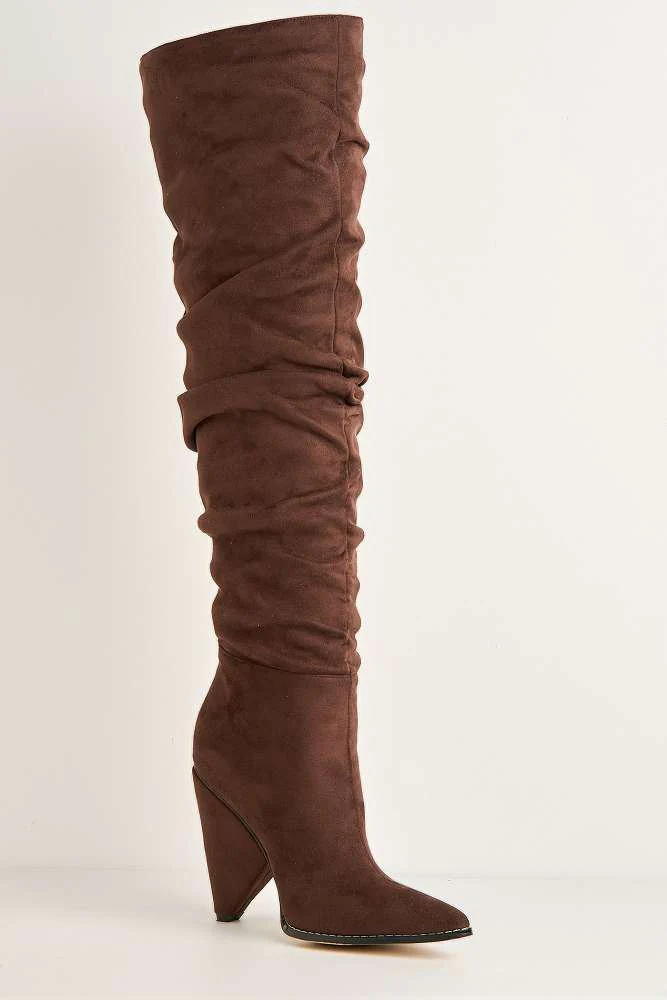 Fallon Pointy Toe Kitten Heel Rouch Over the Knee Boots in Chocolate - Image 4